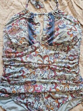 Kenneth Cole Reaction Light Blue Halter Swimsuit with Multicolor Paisley Trim